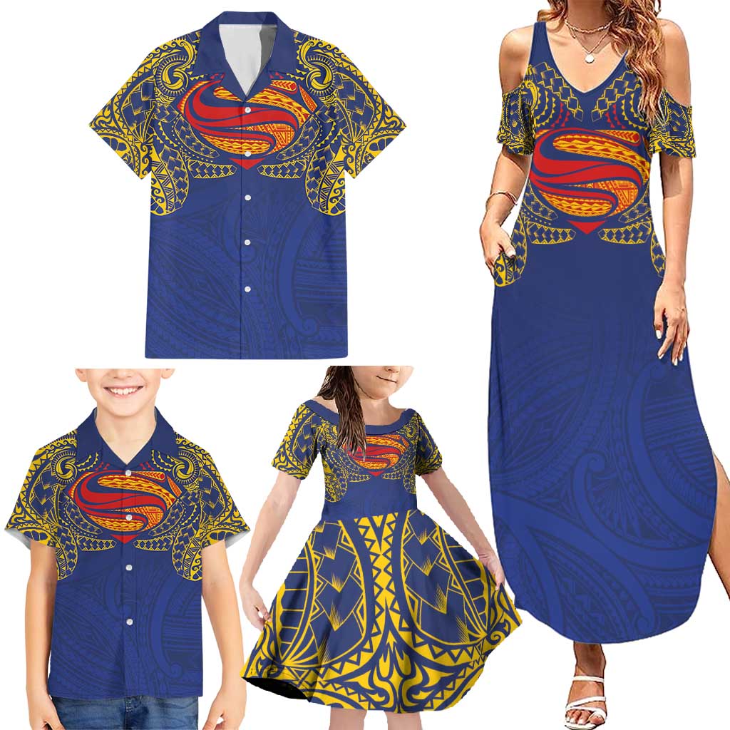 Super Samoan Traditional Tribal Art Tattoos Family Matching Summer Maxi Dress and Hawaiian Shirt Blue Color LT03 - Polynesian Pride