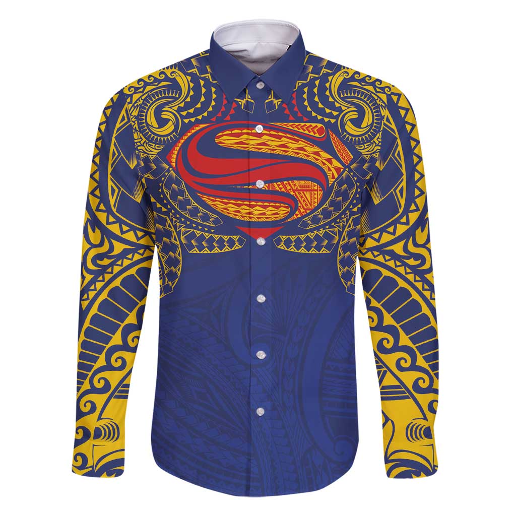 Super Samoan Traditional Tribal Art Tattoos Family Matching Summer Maxi Dress and Hawaiian Shirt Blue Color LT03 Dad's Shirt - Long Sleeve Blue - Polynesian Pride
