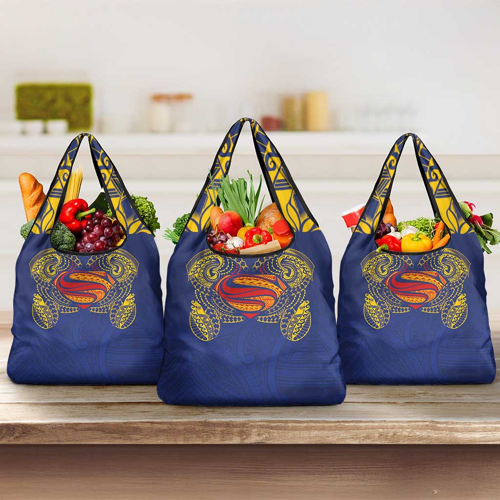 Super Samoan Traditional Tribal Art Tattoos Grocery Bag Blue Color - Polynesian Pride