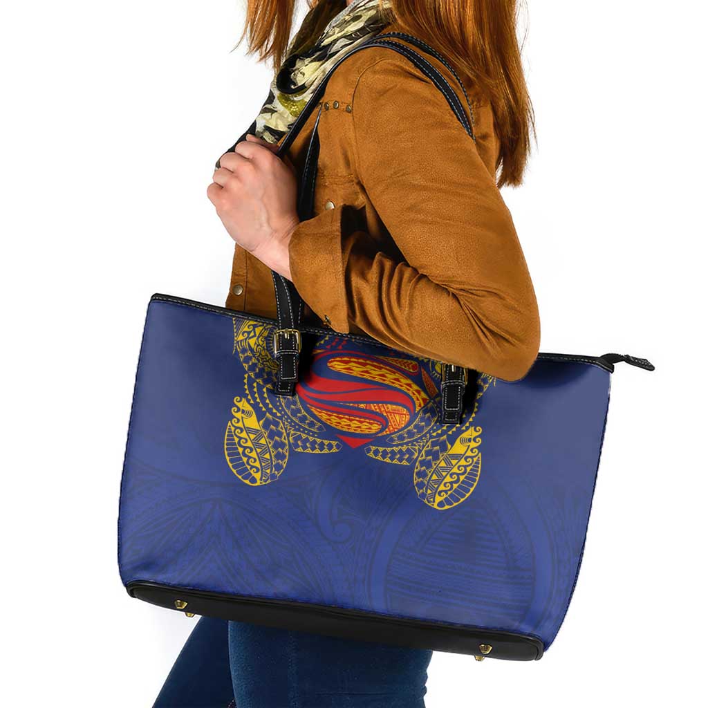 Super Samoan Traditional Tribal Art Tattoos Leather Tote Bag Blue Color - Polynesian Pride