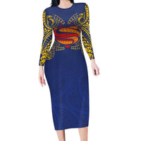 Super Samoan Traditional Tribal Art Tattoos Long Sleeve Bodycon Dress Blue Color - Polynesian Pride