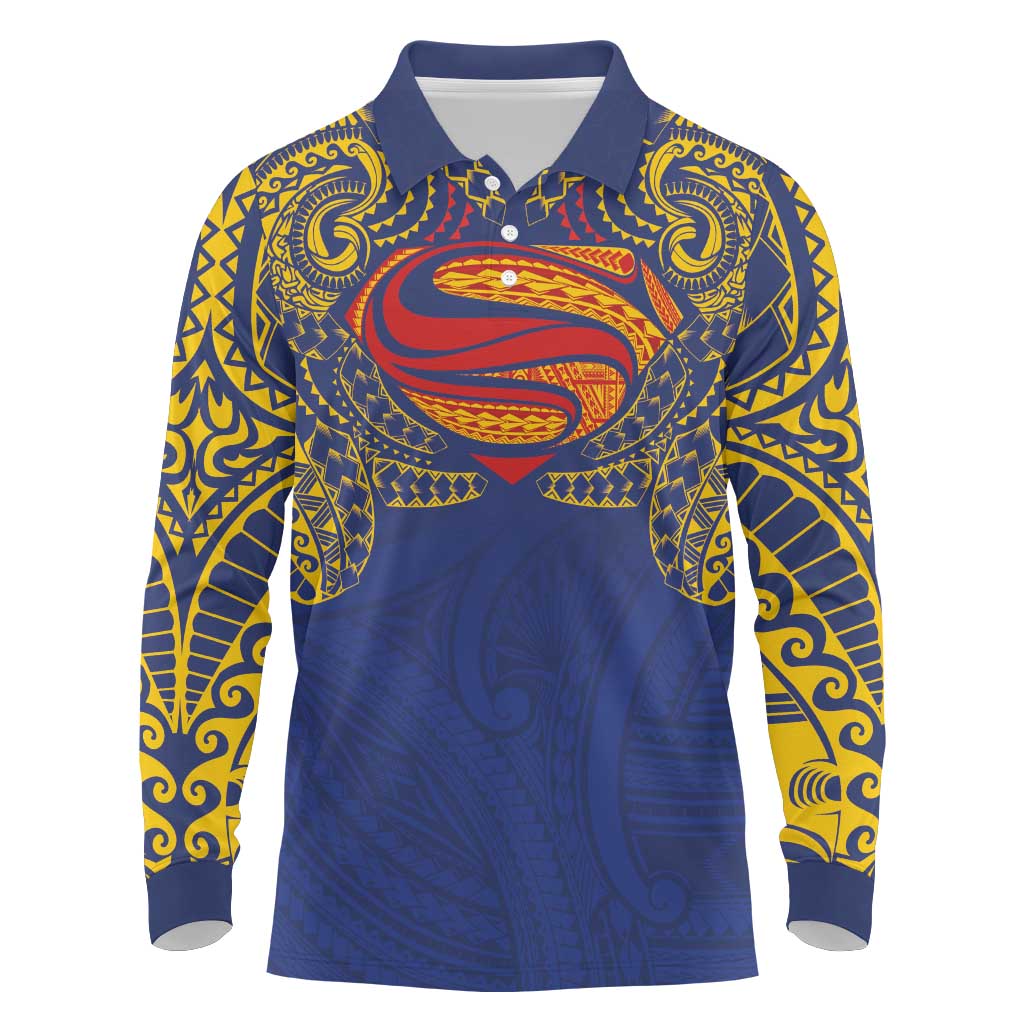 Super Samoan Traditional Tribal Art Tattoos Long Sleeve Polo Shirt Blue Color - Polynesian Pride
