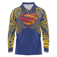 Super Samoan Traditional Tribal Art Tattoos Long Sleeve Polo Shirt Blue Color - Polynesian Pride