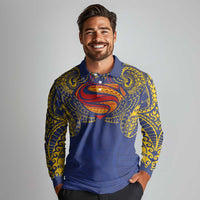 Super Samoan Traditional Tribal Art Tattoos Long Sleeve Polo Shirt Blue Color - Polynesian Pride