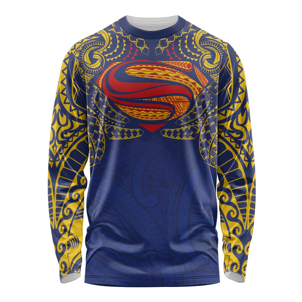 Super Samoan Traditional Tribal Art Tattoos Long Sleeve Shirt Blue Color - Polynesian Pride