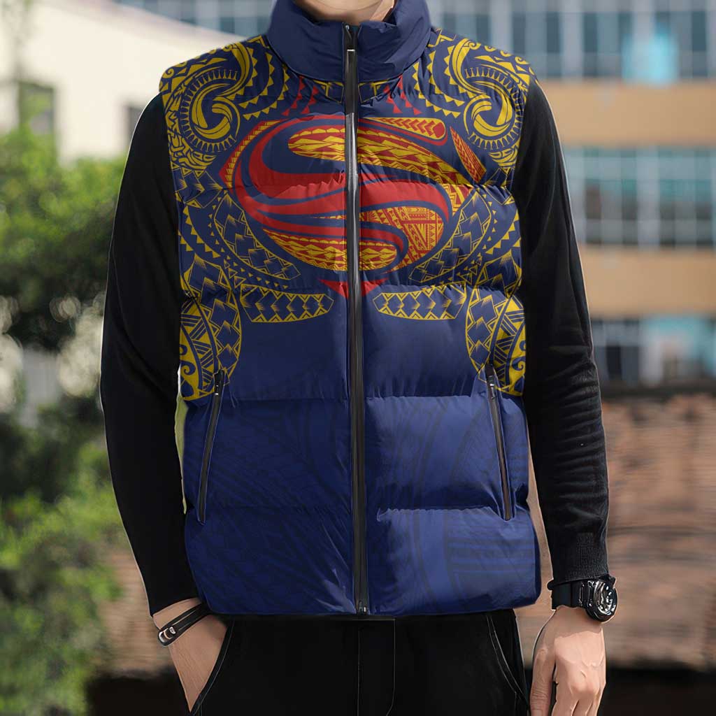 Super Samoan Traditional Tribal Art Tattoos Sleeveless Puffer Jacket Blue Color - Polynesian Pride