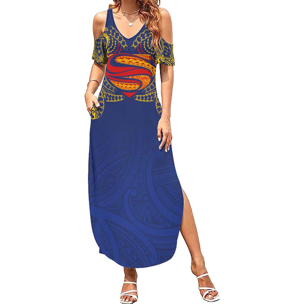 Super Samoan Traditional Tribal Art Tattoos Summer Maxi Dress Blue Color - Polynesian Pride