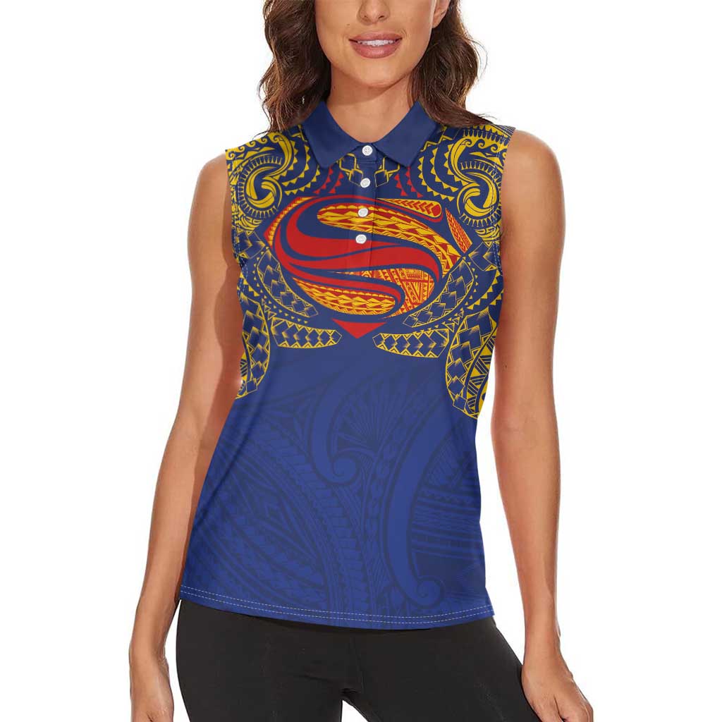 Super Samoan Traditional Tribal Art Tattoos Women Sleeveless Polo Shirt Blue Color - Polynesian Pride
