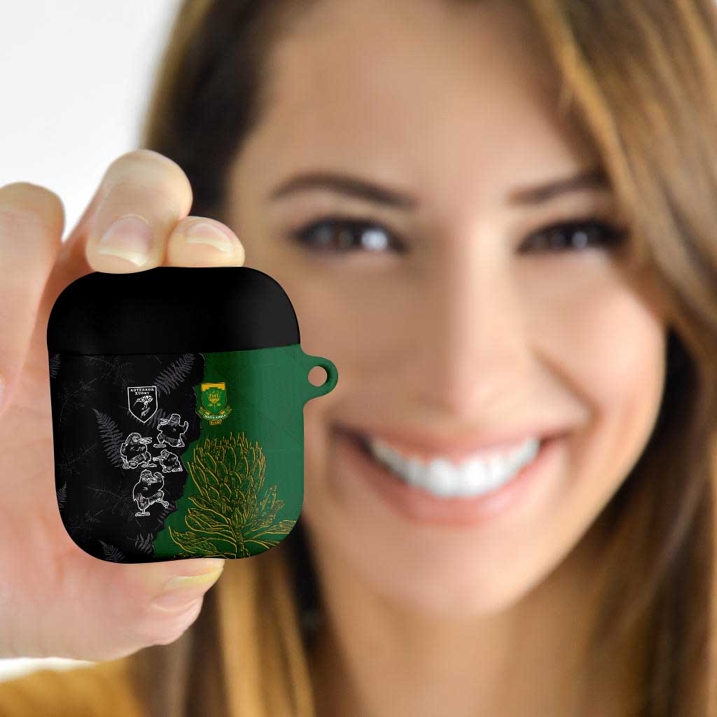 Aotearoa South Africa Rugby Freedom Cup AirPods Case Kiwi Warriors Haka with King Protea Symbol - Polynesian Pride