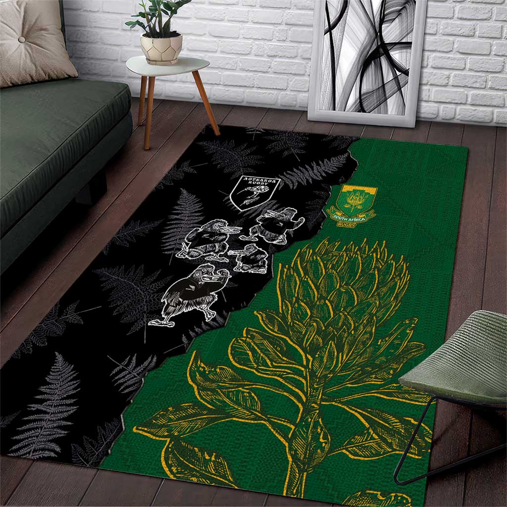 Aotearoa South Africa Rugby Freedom Cup Area Rug Kiwi Warriors Haka with King Protea Symbol - Polynesian Pride
