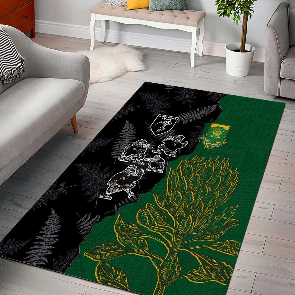 Aotearoa South Africa Rugby Freedom Cup Area Rug Kiwi Warriors Haka with King Protea Symbol - Polynesian Pride
