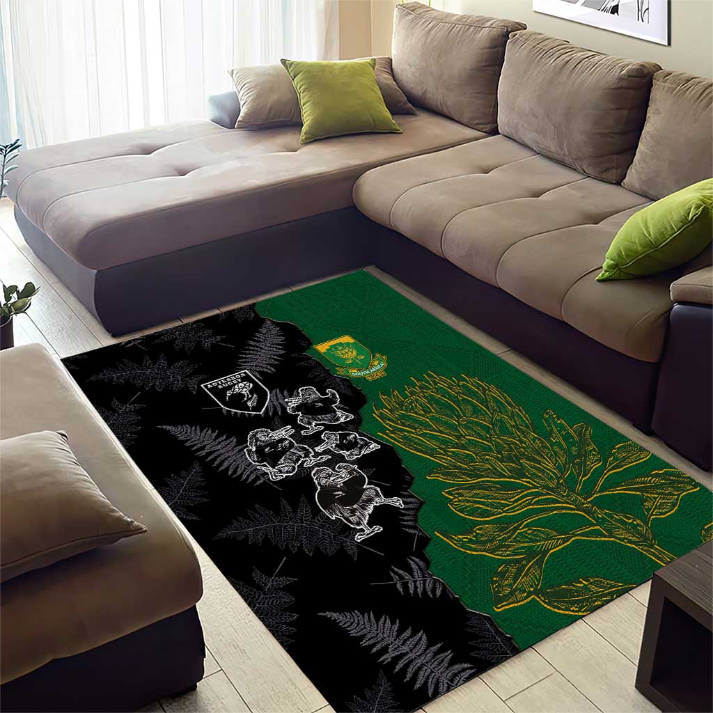 Aotearoa South Africa Rugby Freedom Cup Area Rug Kiwi Warriors Haka with King Protea Symbol - Polynesian Pride