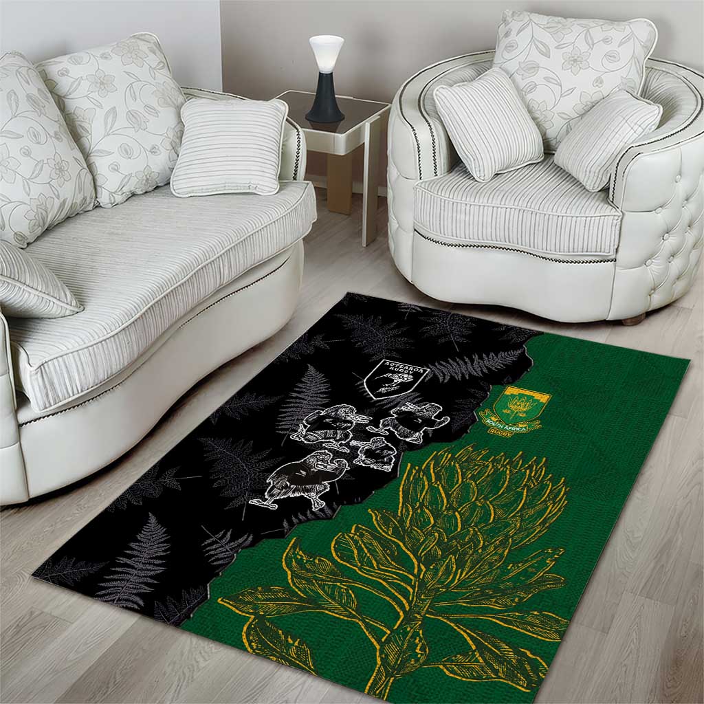 Aotearoa South Africa Rugby Freedom Cup Area Rug Kiwi Warriors Haka with King Protea Symbol - Polynesian Pride