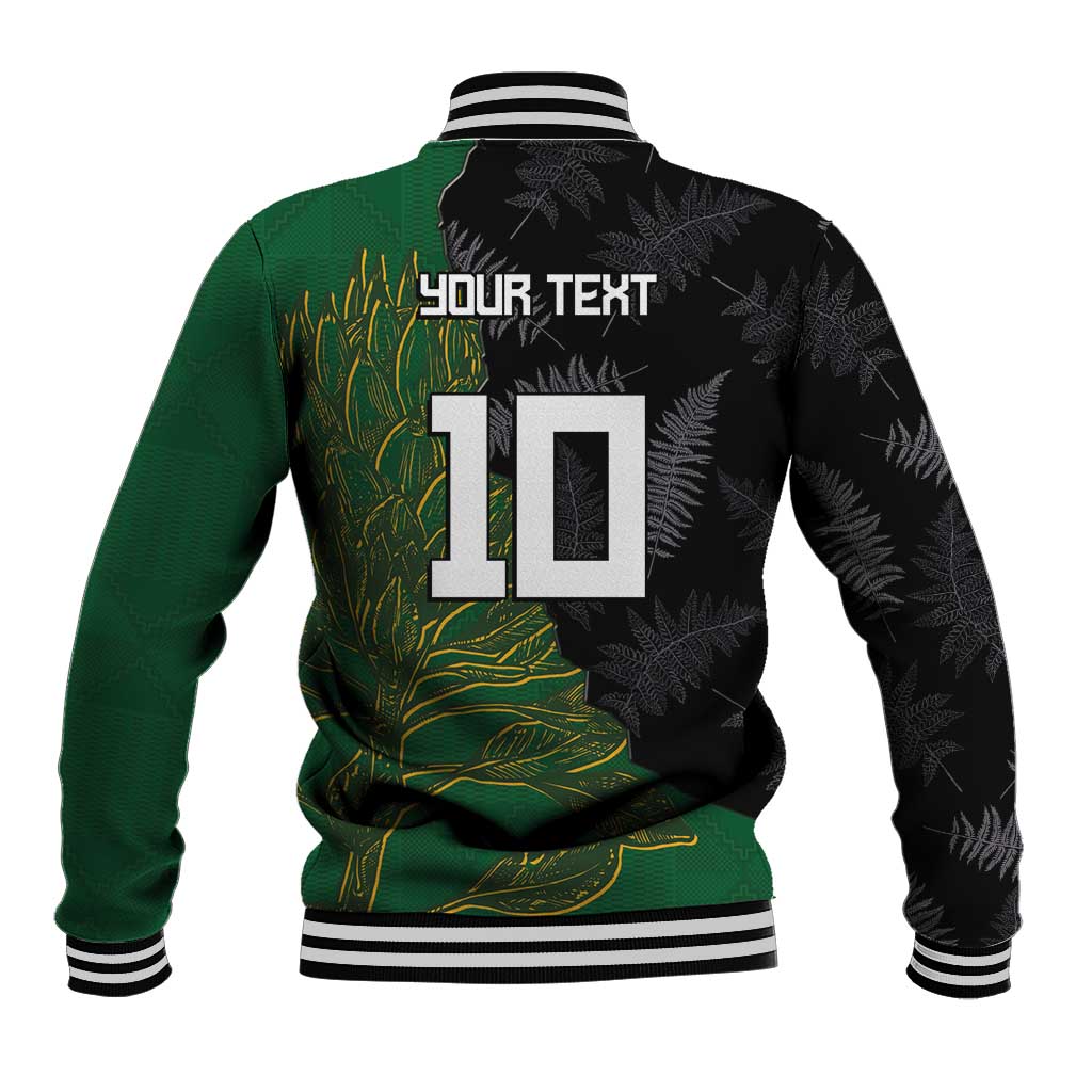 Custom Aotearoa South Africa Rugby Freedom Cup Baseball Jacket Kiwi Warriors Haka with King Protea Symbol - Polynesian Pride