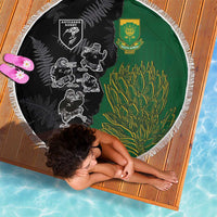 Aotearoa South Africa Rugby Freedom Cup Beach Blanket Kiwi Warriors Haka with King Protea Symbol - Polynesian Pride
