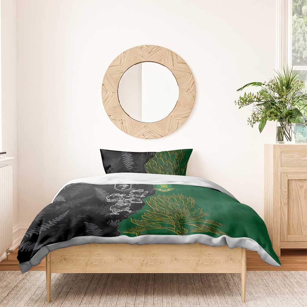 Aotearoa South Africa Rugby Freedom Cup Bedding Set Kiwi Warriors Haka with King Protea Symbol - Polynesian Pride