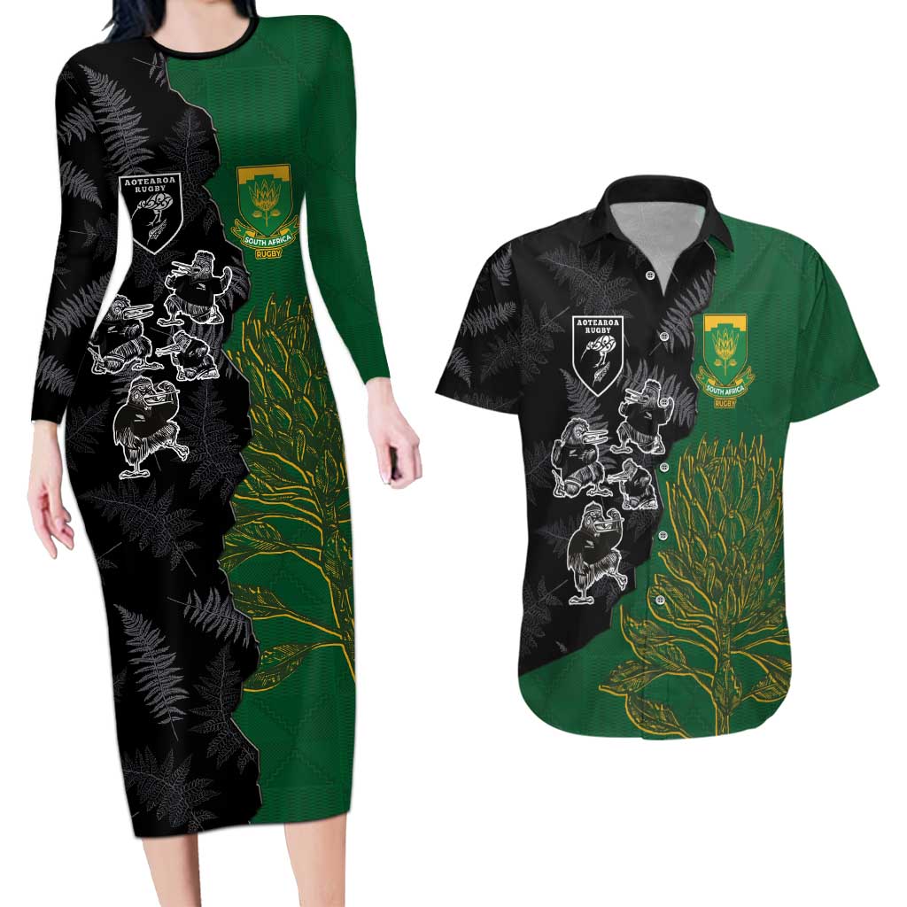 Custom Aotearoa South Africa Rugby Freedom Cup Couples Matching Long Sleeve Bodycon Dress and Hawaiian Shirt Kiwi Warriors Haka with King Protea Symbol LT03 Green - Polynesian Pride