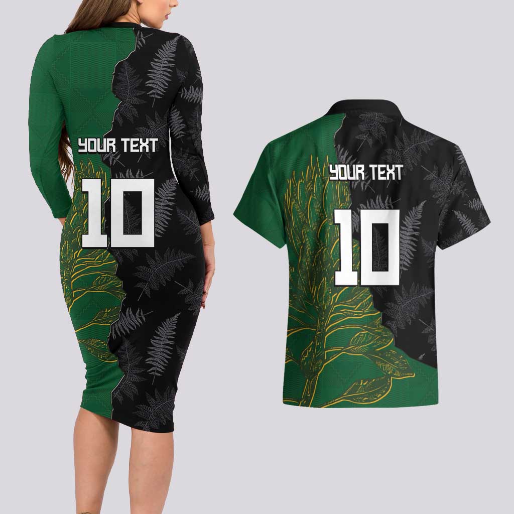 Custom Aotearoa South Africa Rugby Freedom Cup Couples Matching Long Sleeve Bodycon Dress and Hawaiian Shirt Kiwi Warriors Haka with King Protea Symbol LT03 - Polynesian Pride