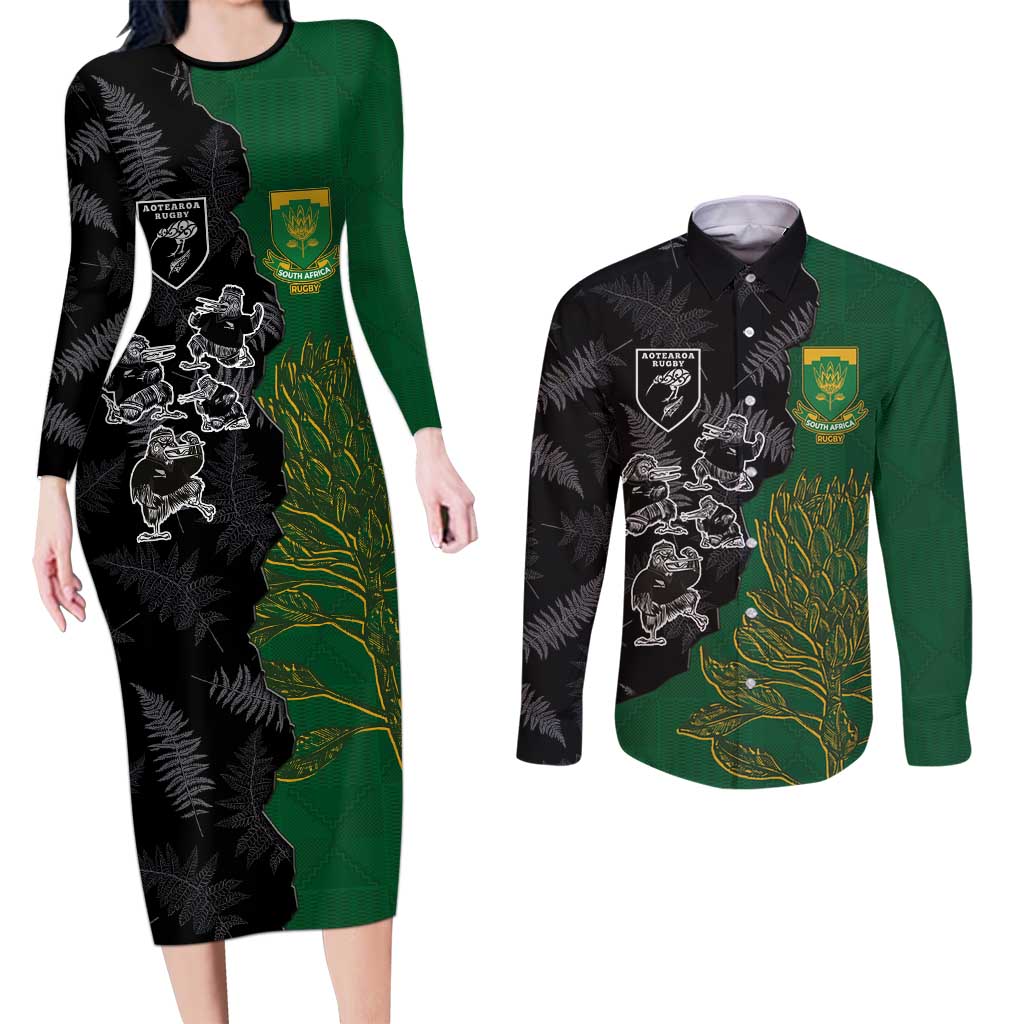 Custom Aotearoa South Africa Rugby Freedom Cup Couples Matching Long Sleeve Bodycon Dress and Long Sleeve Button Shirt Kiwi Warriors Haka with King Protea Symbol LT03 Green - Polynesian Pride