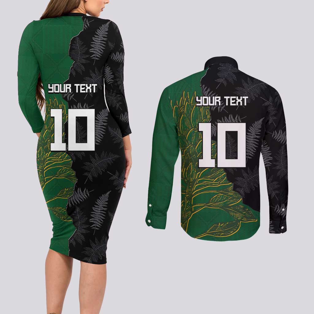 Custom Aotearoa South Africa Rugby Freedom Cup Couples Matching Long Sleeve Bodycon Dress and Long Sleeve Button Shirt Kiwi Warriors Haka with King Protea Symbol LT03 - Polynesian Pride