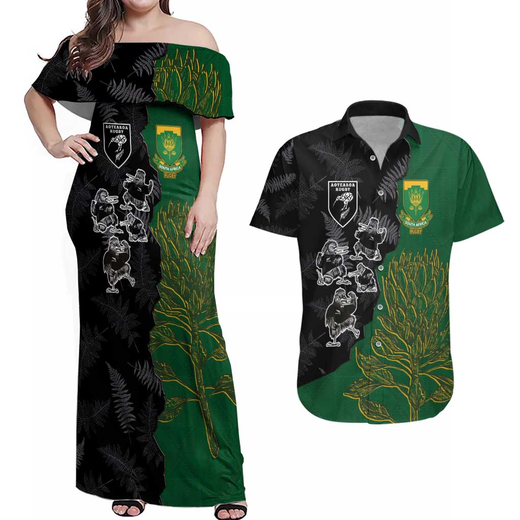 Custom Aotearoa South Africa Rugby Freedom Cup Couples Matching Off Shoulder Maxi Dress and Hawaiian Shirt Kiwi Warriors Haka with King Protea Symbol LT03 Green - Polynesian Pride