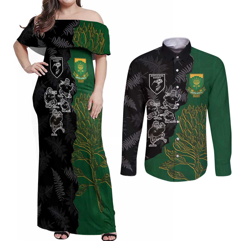 Custom Aotearoa South Africa Rugby Freedom Cup Couples Matching Off Shoulder Maxi Dress and Long Sleeve Button Shirt Kiwi Warriors Haka with King Protea Symbol LT03 Green - Polynesian Pride