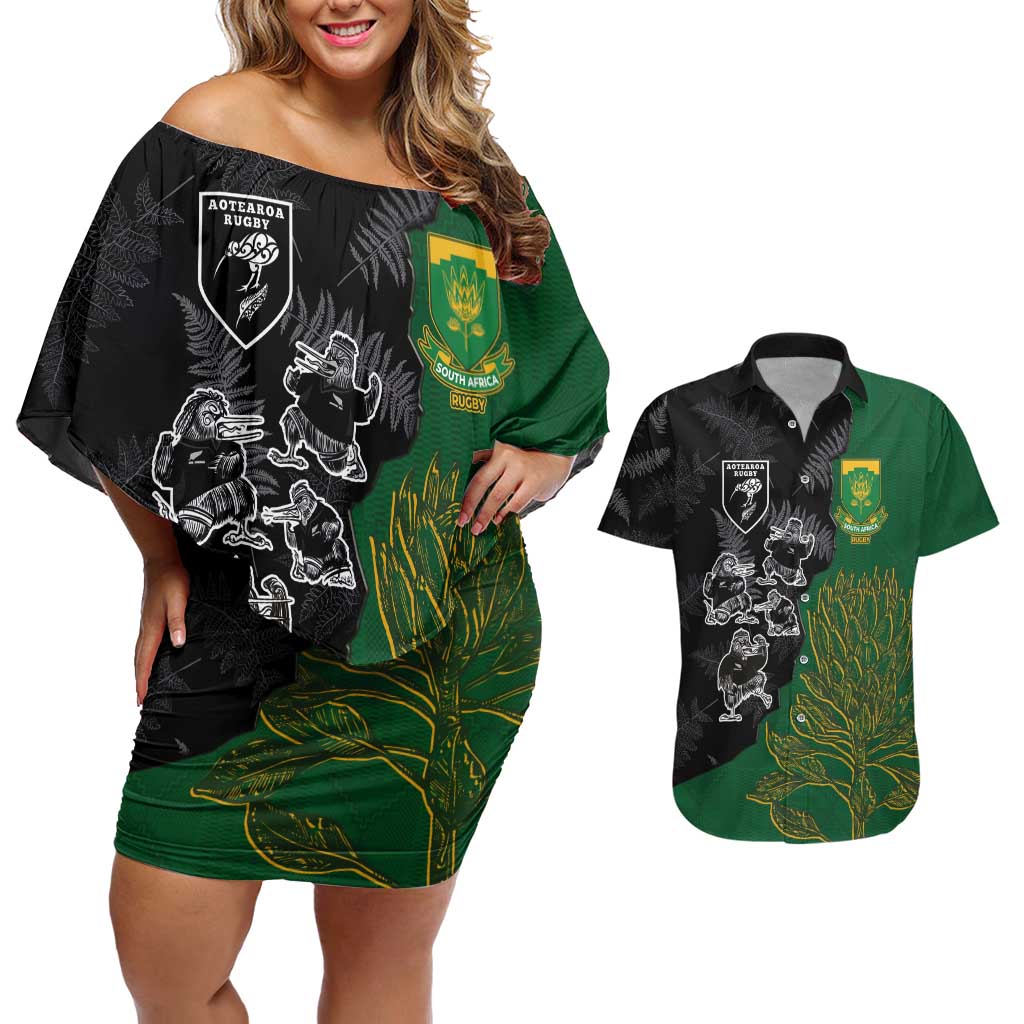 Custom Aotearoa South Africa Rugby Freedom Cup Couples Matching Off Shoulder Short Dress and Hawaiian Shirt Kiwi Warriors Haka with King Protea Symbol LT03 Green - Polynesian Pride