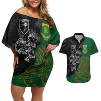 Custom Aotearoa South Africa Rugby Freedom Cup Couples Matching Off Shoulder Short Dress and Hawaiian Shirt Kiwi Warriors Haka with King Protea Symbol LT03 Green - Polynesian Pride