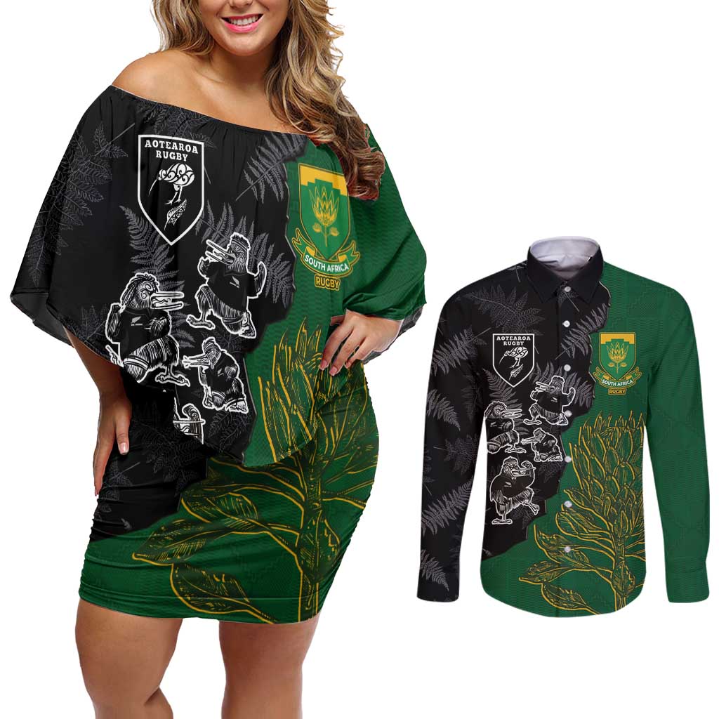 Custom Aotearoa South Africa Rugby Freedom Cup Couples Matching Off Shoulder Short Dress and Long Sleeve Button Shirt Kiwi Warriors Haka with King Protea Symbol LT03 Green - Polynesian Pride