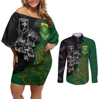 Custom Aotearoa South Africa Rugby Freedom Cup Couples Matching Off Shoulder Short Dress and Long Sleeve Button Shirt Kiwi Warriors Haka with King Protea Symbol LT03 Green - Polynesian Pride