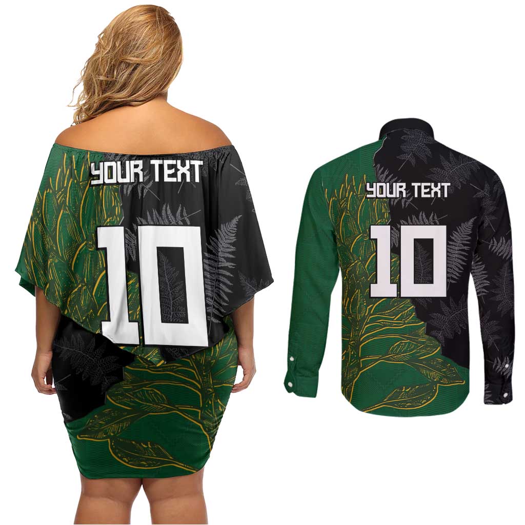 Custom Aotearoa South Africa Rugby Freedom Cup Couples Matching Off Shoulder Short Dress and Long Sleeve Button Shirt Kiwi Warriors Haka with King Protea Symbol LT03 - Polynesian Pride