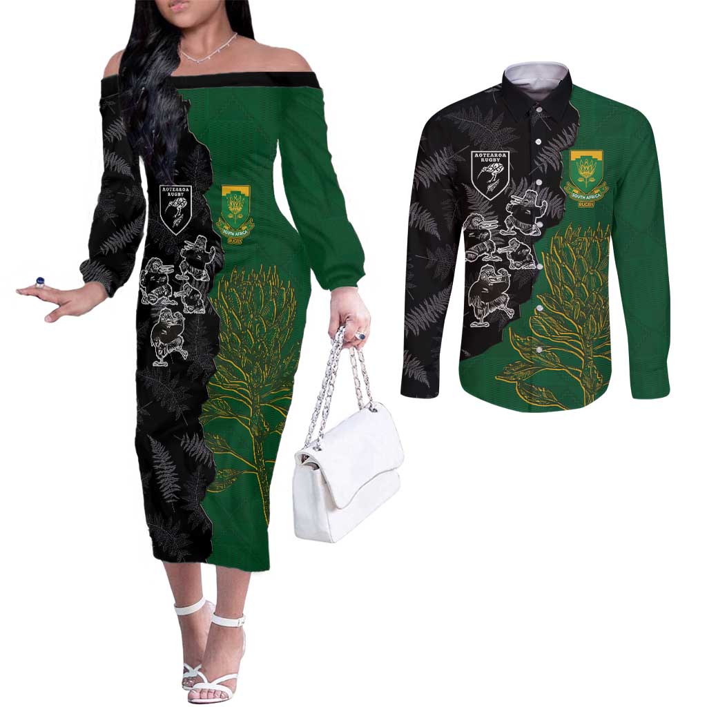 Custom Aotearoa South Africa Rugby Freedom Cup Couples Matching Off The Shoulder Long Sleeve Dress and Long Sleeve Button Shirt Kiwi Warriors Haka with King Protea Symbol LT03 Green - Polynesian Pride