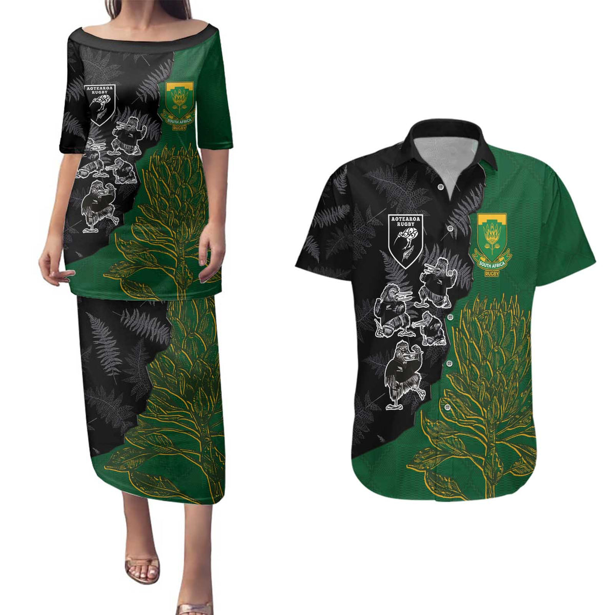 Custom Aotearoa South Africa Rugby Freedom Cup Couples Matching Puletasi and Hawaiian Shirt Kiwi Warriors Haka with King Protea Symbol LT03 Green - Polynesian Pride