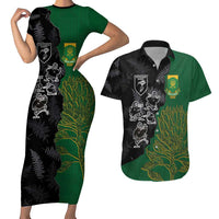 Custom Aotearoa South Africa Rugby Freedom Cup Couples Matching Short Sleeve Bodycon Dress and Hawaiian Shirt Kiwi Warriors Haka with King Protea Symbol LT03 Green - Polynesian Pride