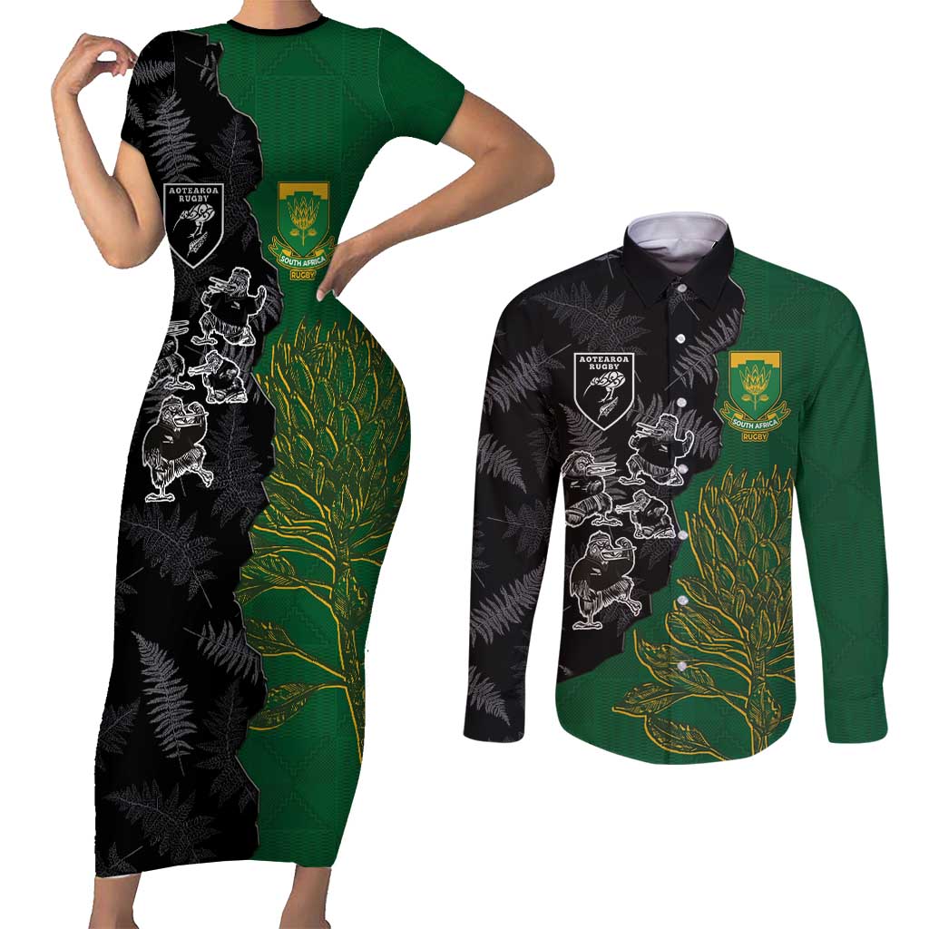 Custom Aotearoa South Africa Rugby Freedom Cup Couples Matching Short Sleeve Bodycon Dress and Long Sleeve Button Shirt Kiwi Warriors Haka with King Protea Symbol LT03 Green - Polynesian Pride