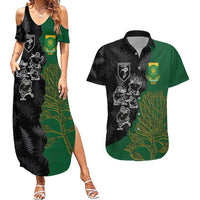 Custom Aotearoa South Africa Rugby Freedom Cup Couples Matching Summer Maxi Dress and Hawaiian Shirt Kiwi Warriors Haka with King Protea Symbol LT03 Green - Polynesian Pride