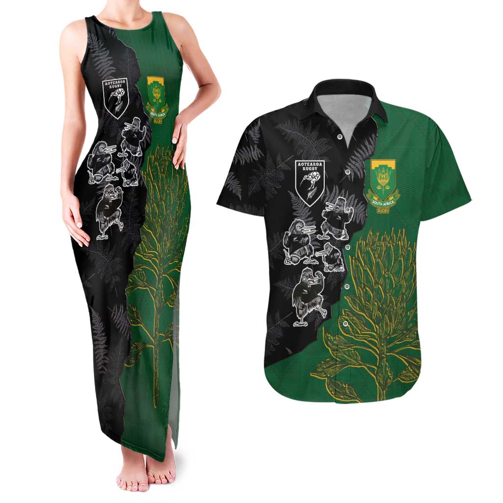 Custom Aotearoa South Africa Rugby Freedom Cup Couples Matching Tank Maxi Dress and Hawaiian Shirt Kiwi Warriors Haka with King Protea Symbol LT03 Green - Polynesian Pride