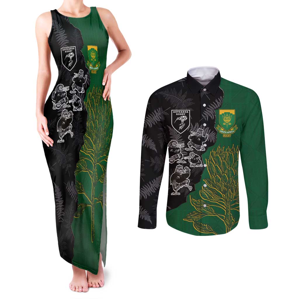Custom Aotearoa South Africa Rugby Freedom Cup Couples Matching Tank Maxi Dress and Long Sleeve Button Shirt Kiwi Warriors Haka with King Protea Symbol LT03 Green - Polynesian Pride