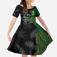 Custom Aotearoa South Africa Rugby Freedom Cup Family Matching Mermaid Dress and Hawaiian Shirt Kiwi Warriors Haka with King Protea Symbol LT03 Daughter's Dress Green - Polynesian Pride
