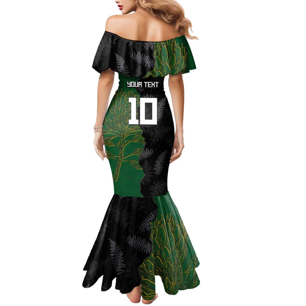 Custom Aotearoa South Africa Rugby Freedom Cup Family Matching Mermaid Dress and Hawaiian Shirt Kiwi Warriors Haka with King Protea Symbol LT03 - Polynesian Pride