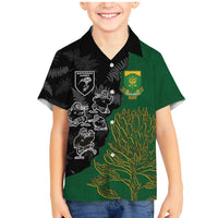 Custom Aotearoa South Africa Rugby Freedom Cup Family Matching Mermaid Dress and Hawaiian Shirt Kiwi Warriors Haka with King Protea Symbol LT03 Son's Shirt Green - Polynesian Pride