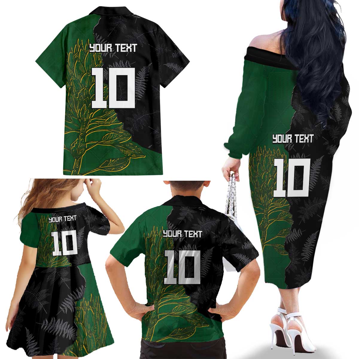 Custom Aotearoa South Africa Rugby Freedom Cup Family Matching Off The Shoulder Long Sleeve Dress and Hawaiian Shirt Kiwi Warriors Haka with King Protea Symbol LT03 - Polynesian Pride
