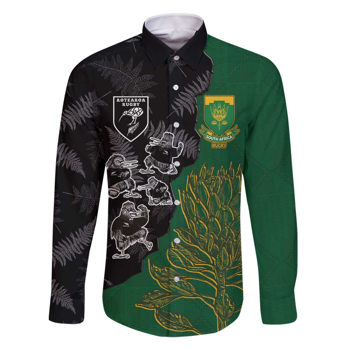Custom Aotearoa South Africa Rugby Freedom Cup Family Matching Off The Shoulder Long Sleeve Dress and Hawaiian Shirt Kiwi Warriors Haka with King Protea Symbol LT03 Dad's Shirt - Long Sleeve Green - Polynesian Pride