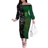 Custom Aotearoa South Africa Rugby Freedom Cup Family Matching Off The Shoulder Long Sleeve Dress and Hawaiian Shirt Kiwi Warriors Haka with King Protea Symbol LT03 Mom's Dress Green - Polynesian Pride