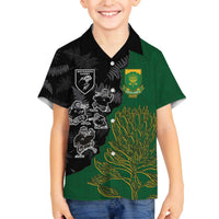 Custom Aotearoa South Africa Rugby Freedom Cup Family Matching Off The Shoulder Long Sleeve Dress and Hawaiian Shirt Kiwi Warriors Haka with King Protea Symbol LT03 Son's Shirt Green - Polynesian Pride
