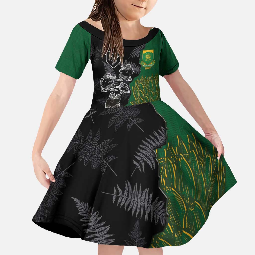 Custom Aotearoa South Africa Rugby Freedom Cup Family Matching Off Shoulder Maxi Dress and Hawaiian Shirt Kiwi Warriors Haka with King Protea Symbol LT03 Daughter's Dress Green - Polynesian Pride