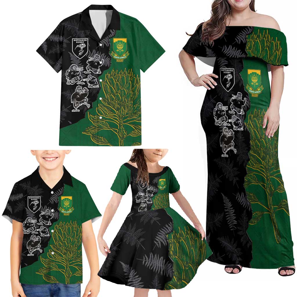 Custom Aotearoa South Africa Rugby Freedom Cup Family Matching Off Shoulder Maxi Dress and Hawaiian Shirt Kiwi Warriors Haka with King Protea Symbol - Polynesian Pride