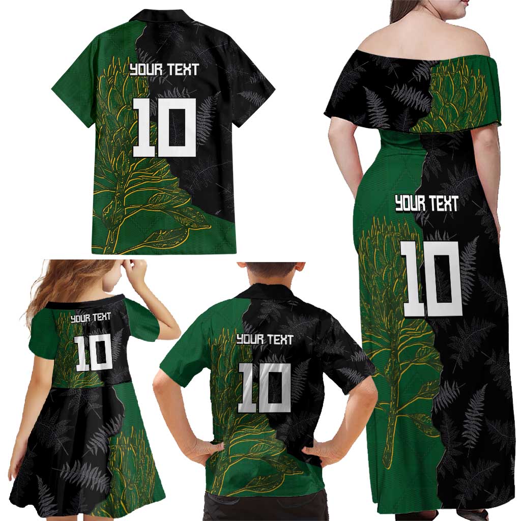 Custom Aotearoa South Africa Rugby Freedom Cup Family Matching Off Shoulder Maxi Dress and Hawaiian Shirt Kiwi Warriors Haka with King Protea Symbol LT03 - Polynesian Pride