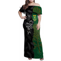 Custom Aotearoa South Africa Rugby Freedom Cup Family Matching Off Shoulder Maxi Dress and Hawaiian Shirt Kiwi Warriors Haka with King Protea Symbol LT03 Mom's Dress Green - Polynesian Pride