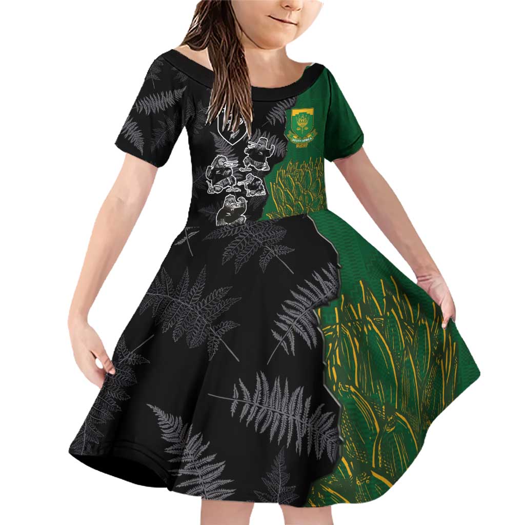 Custom Aotearoa South Africa Rugby Freedom Cup Family Matching Off Shoulder Short Dress and Hawaiian Shirt Kiwi Warriors Haka with King Protea Symbol LT03 Daughter's Dress Green - Polynesian Pride